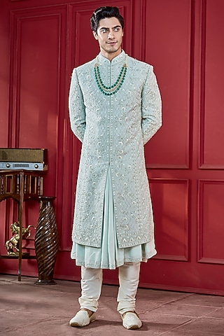 Mint Green Silk Zardosi Work Sherwani Set by RE CHANNEL