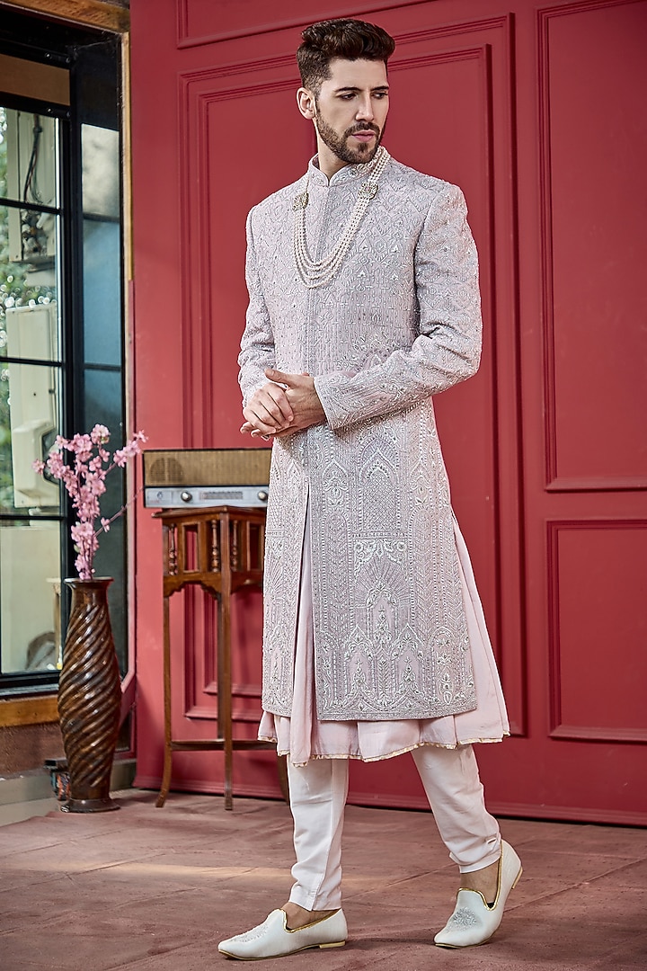 Mauve Silk Zardosi Embroidered Sherwani Set by RE CHANNEL