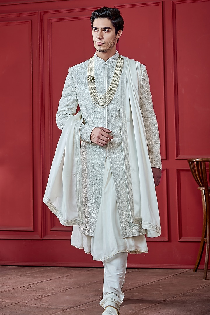 Ivory Silk Cutdana Embroidered Wedding Sherwani Set by RE CHANNEL at Pernia's Pop Up Shop
