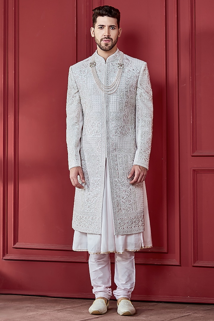 Light Powder Pink Silk Zari Embroidered Sherwani Set by RE CHANNEL