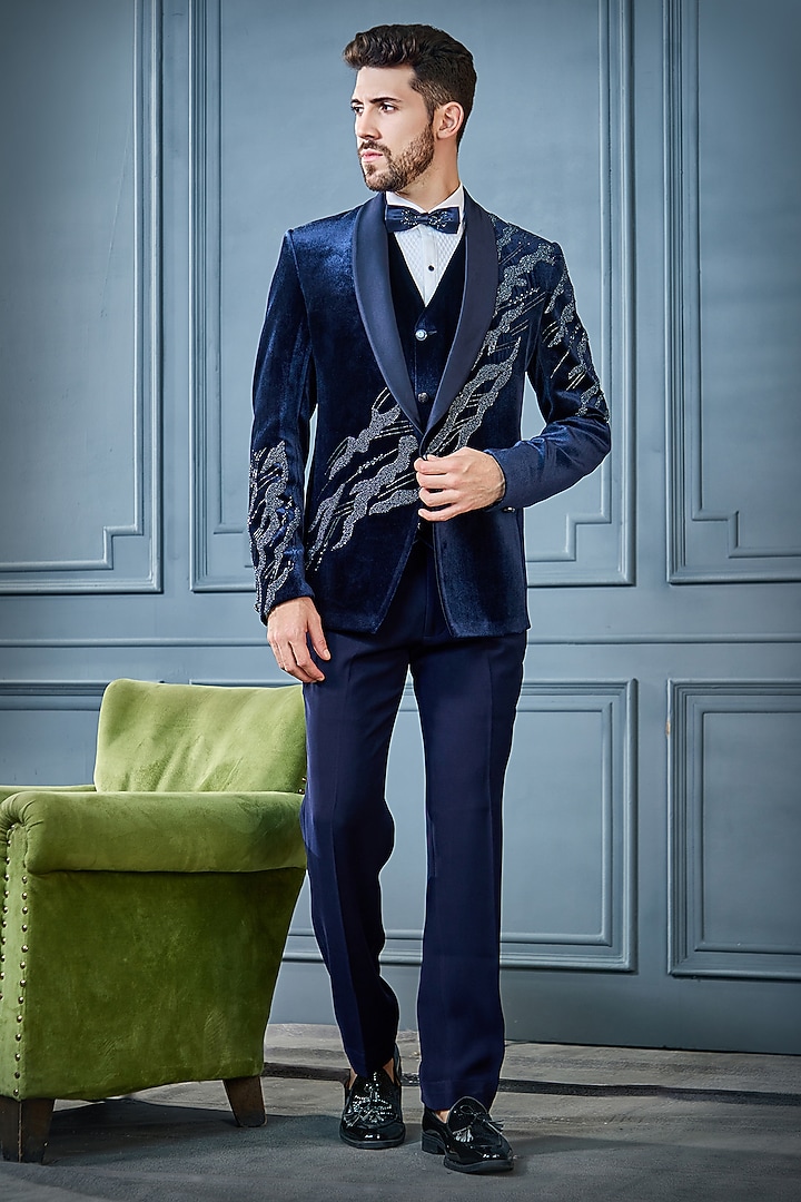 Blue Velvet Cutdana Work Tuxedo Set by RE CHANNEL