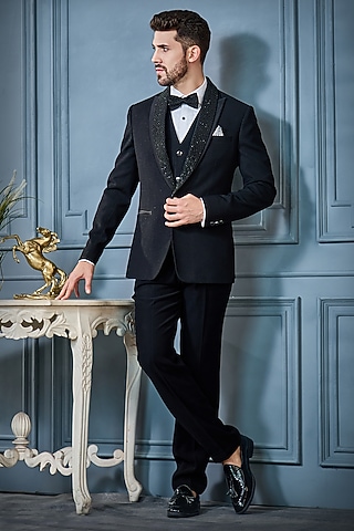 Black Shimmer Fabric Tuxedo Set by RE CHANNEL