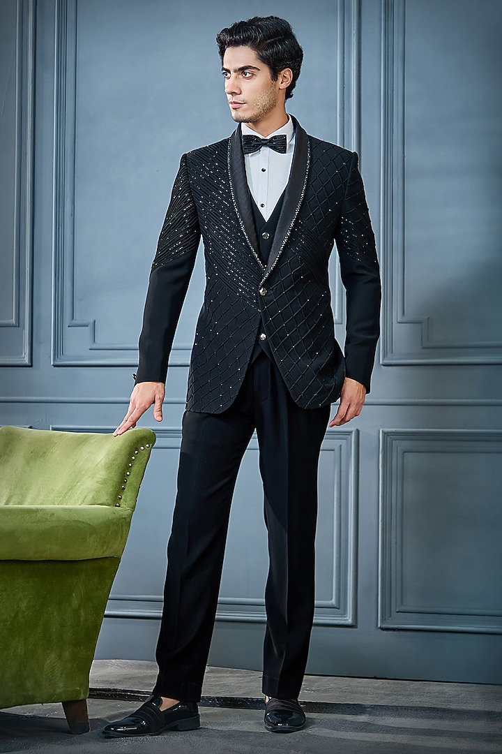 Black Imported Suiting Fabric Sequins Work Tuxedo Set by RE CHANNEL at Pernia's Pop Up Shop