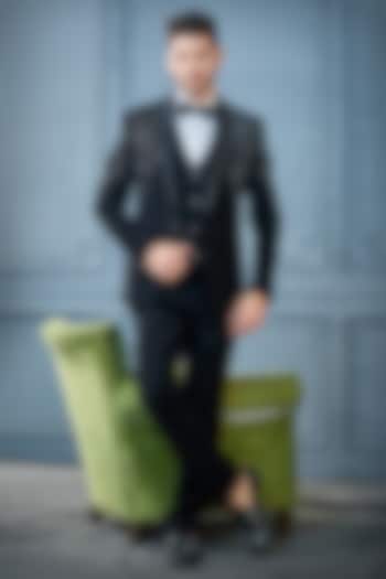 Black Imported Suiting Fabric Cutdana Embroidered Tuxedo Set by RE CHANNEL at Pernia's Pop Up Shop