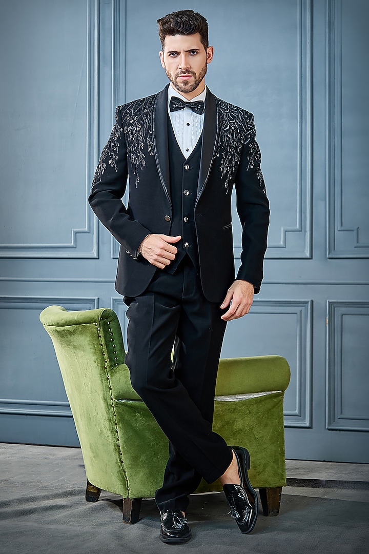 Black Imported Suiting Fabric Cutdana Embroidered Tuxedo Set by RE CHANNEL at Pernia's Pop Up Shop