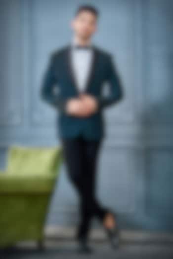 Teal Green Imported Suiting Fabric Cutdana Embroidered Tuxedo Set by RE CHANNEL