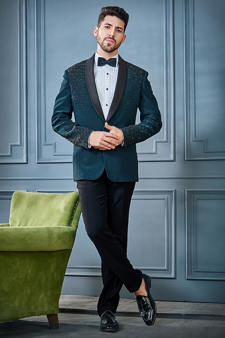 Teal Green Imported Suiting Fabric Cutdana Embroidered Tuxedo Set by RE CHANNEL