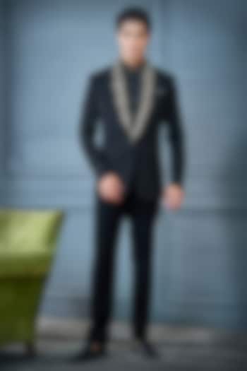 Black Imported Suiting Fabric Metallic Work Tuxedo Set by RE CHANNEL