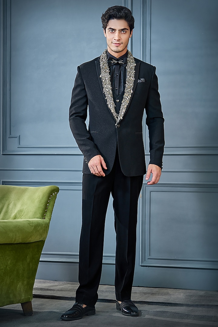 Black Imported Suiting Fabric Metallic Work Tuxedo Set by RE CHANNEL