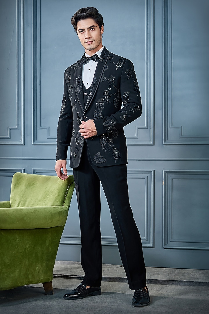 Black Imported Suiting Fabric Abstract Motifs Embroidered Tuxedo Set by RE CHANNEL
