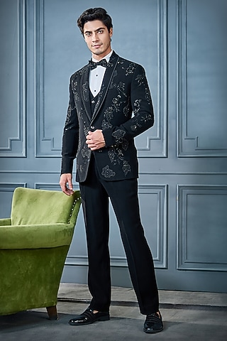 Black Imported Suiting Fabric Abstract Motifs Embroidered Tuxedo Set by RE CHANNEL