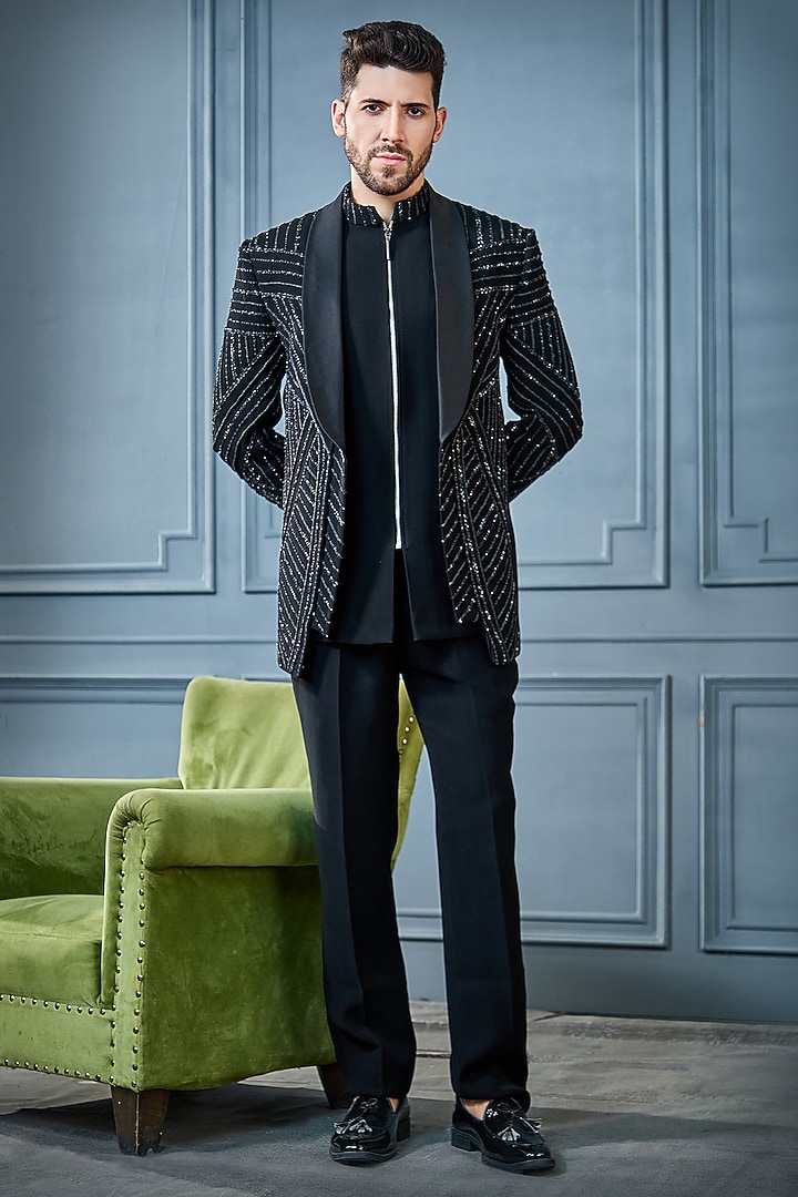 Black Japanese Fabric Thread Embellished Tuxedo Set by RE CHANNEL