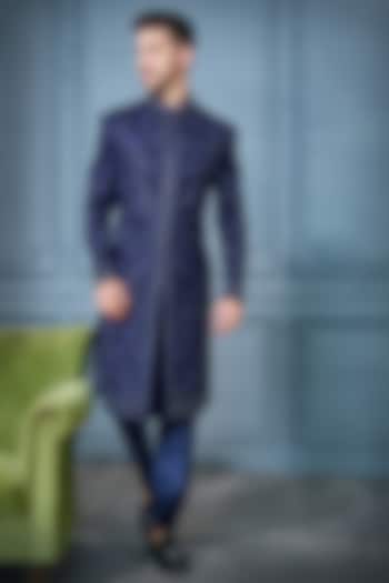 Navy Blue Velvet Embellished Indowestern Set by RE CHANNEL