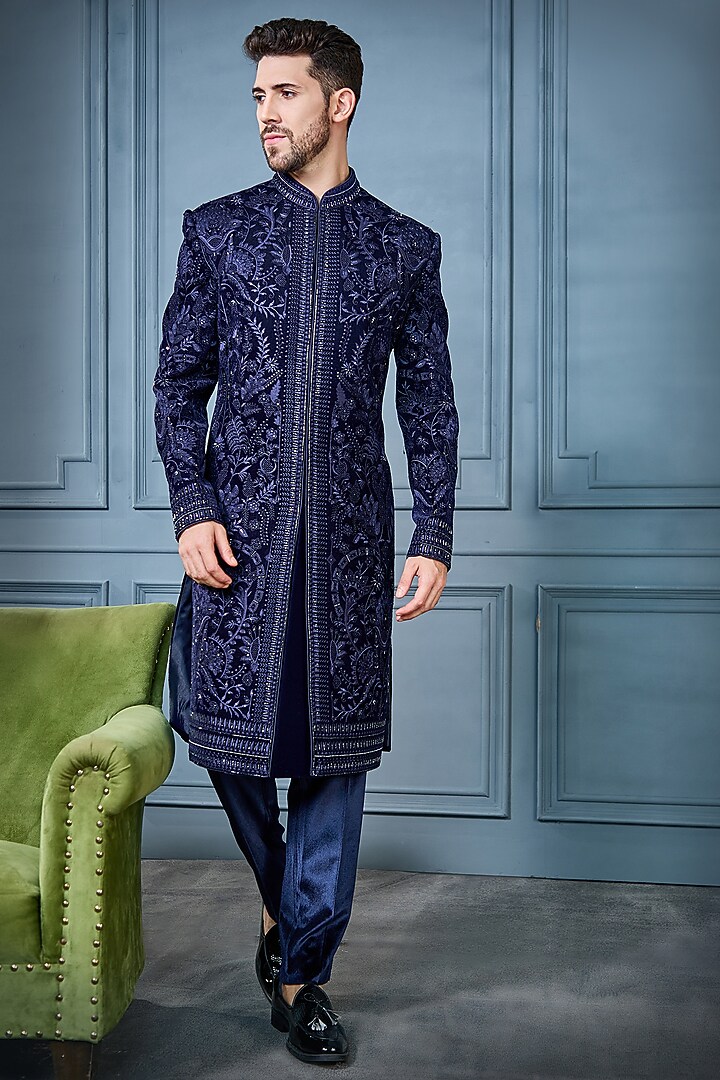 Navy Blue Velvet Embellished Indowestern Set by RE CHANNEL