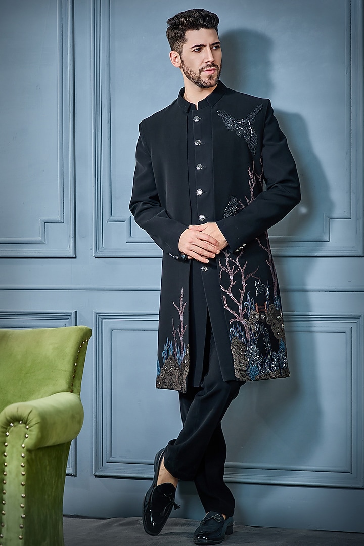 Black Imported Suiting Fabric Floral Embellished Indowestern Set by RE CHANNEL