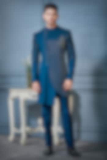 Teal Blue Imported Suiting Fabric Metallic Embellished Indowestern Set by RE CHANNEL