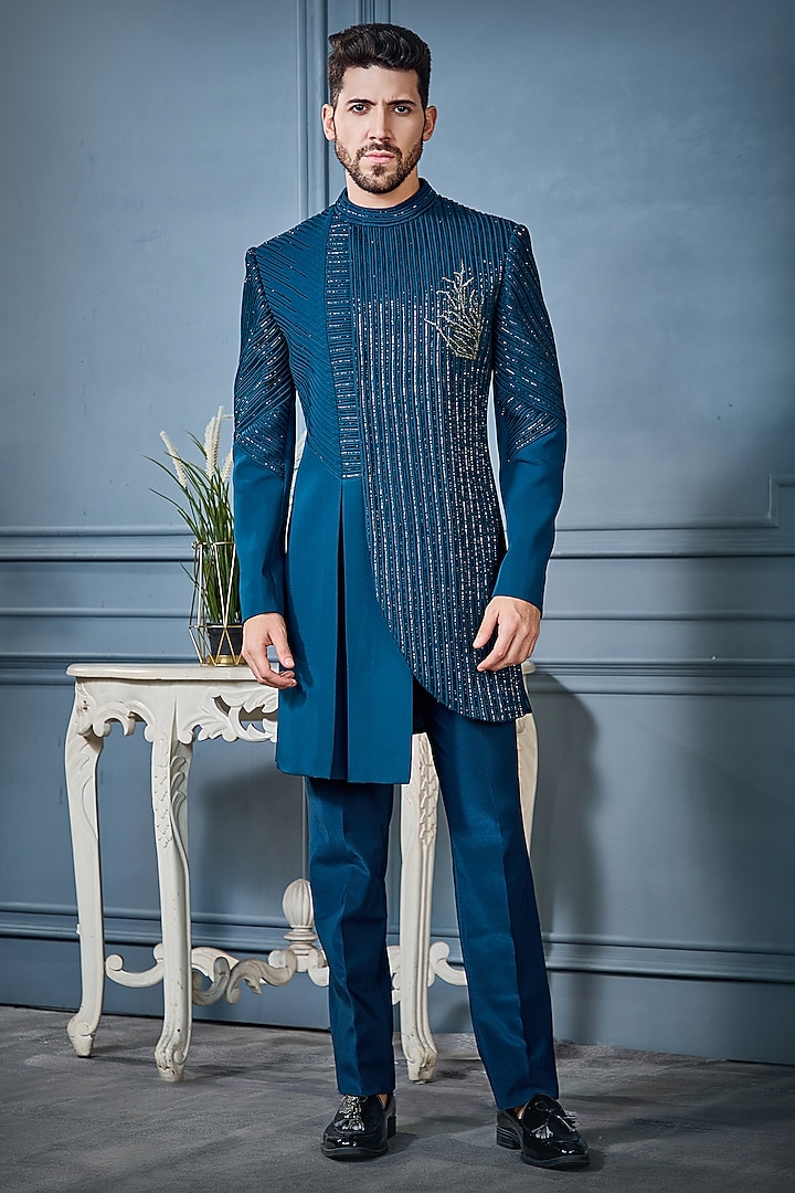 Teal Blue Imported Suiting Fabric Metallic Embellished Indowestern Set by RE CHANNEL