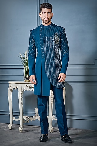 Teal Blue Imported Suiting Fabric Metallic Embellished Indowestern Set by RE CHANNEL