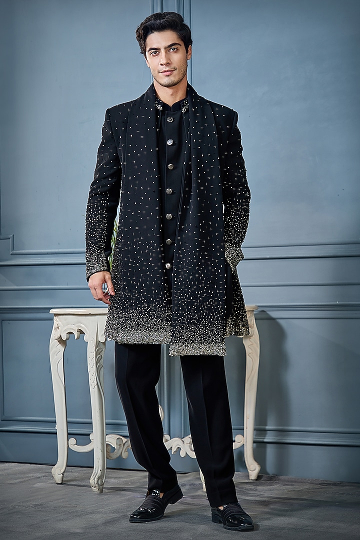 Black Imported Suiting Fabric Salli Work Indowestern Set by RE CHANNEL