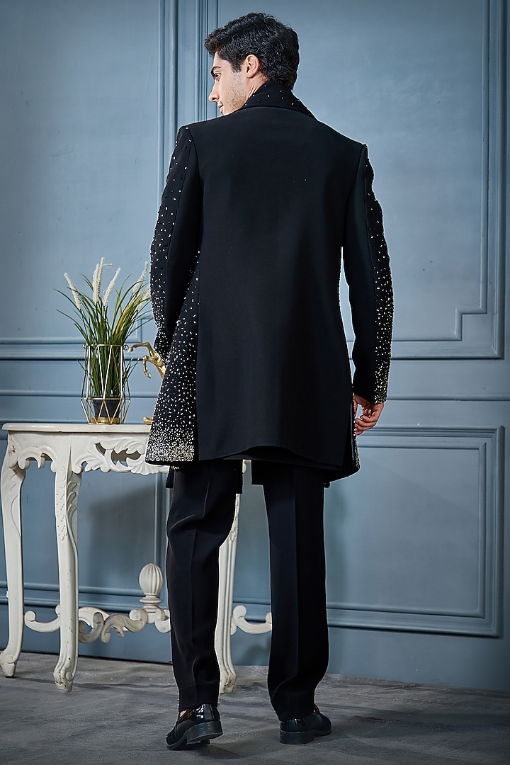 Black Imported Suiting Fabric Salli Work Wedding Indowestern Set by RE CHANNEL at Pernia's Pop Up Shop