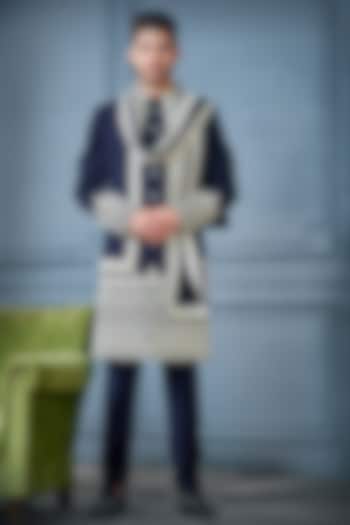 Blue Imported Suiting Fabric Threadwork Indowestern Set by RE CHANNEL
