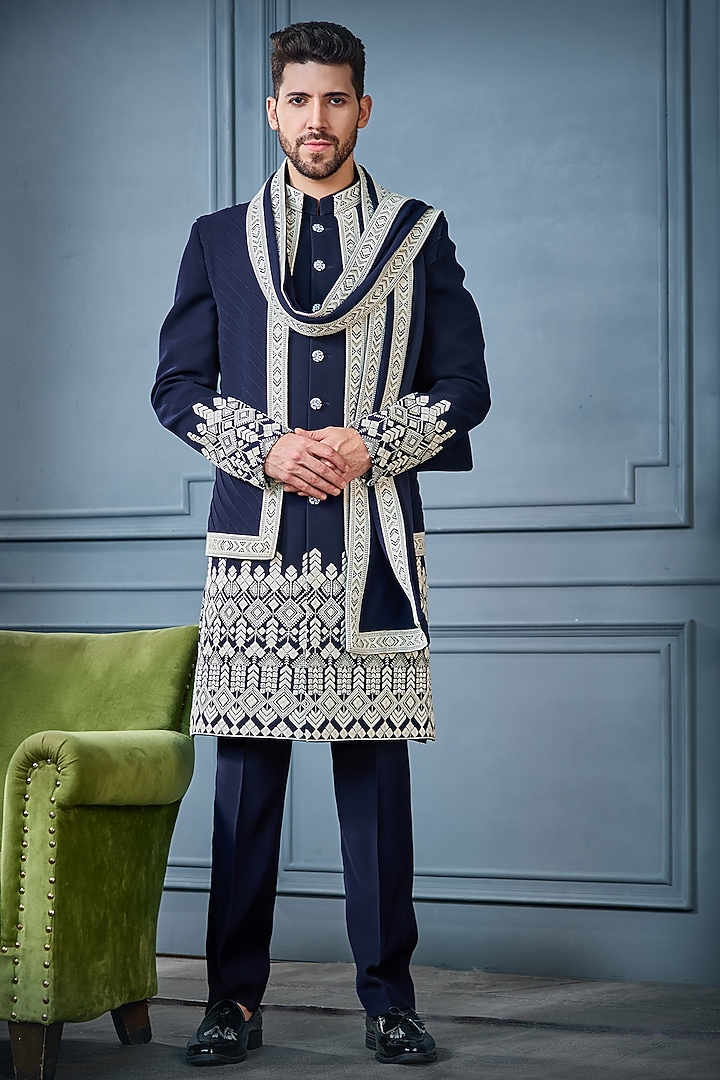 Blue Imported Suiting Fabric Threadwork Indowestern Set by RE CHANNEL