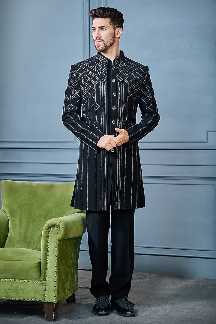 Black Japanese Fabric Salli Embroidered Indowestern Set by RE CHANNEL