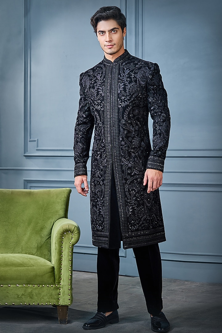 Black Velvet Embellished Indowestern Set by RE CHANNEL