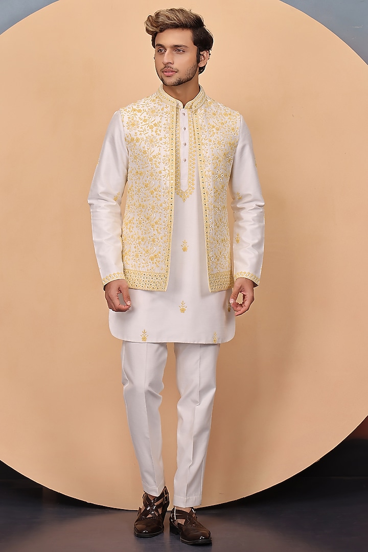 Beige Silk Resham Embroidered Bundi Jacket Set by RE CHANNEL at Pernia's Pop Up Shop