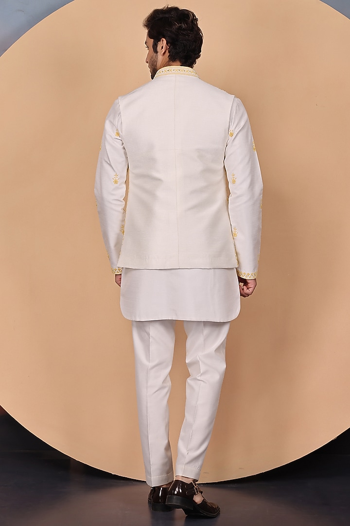 Beige Silk Resham Embroidered Bundi Jacket Set by RE CHANNEL at Pernia's Pop Up Shop