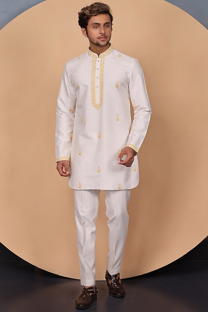 Beige Silk Resham Embroidered Bundi Jacket Set by RE CHANNEL at Pernia's Pop Up Shop