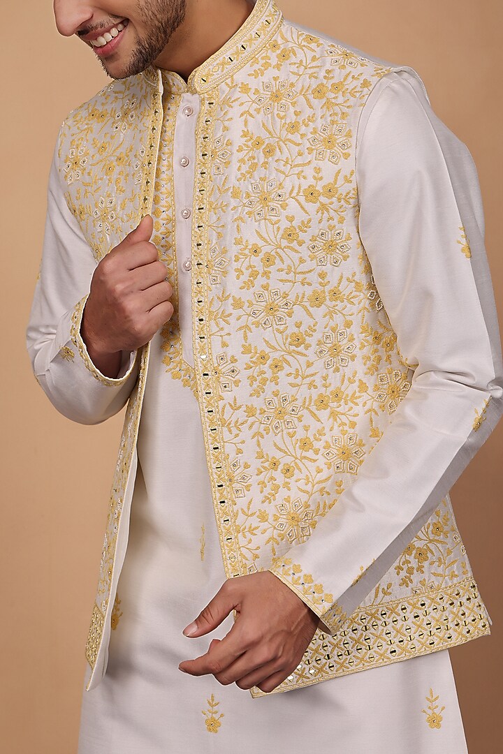 Beige Silk Resham Embroidered Bundi Jacket Set by RE CHANNEL at Pernia's Pop Up Shop