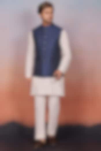 Blue Silk Bundi Jacket Set by RE CHANNEL at Pernia's Pop Up Shop