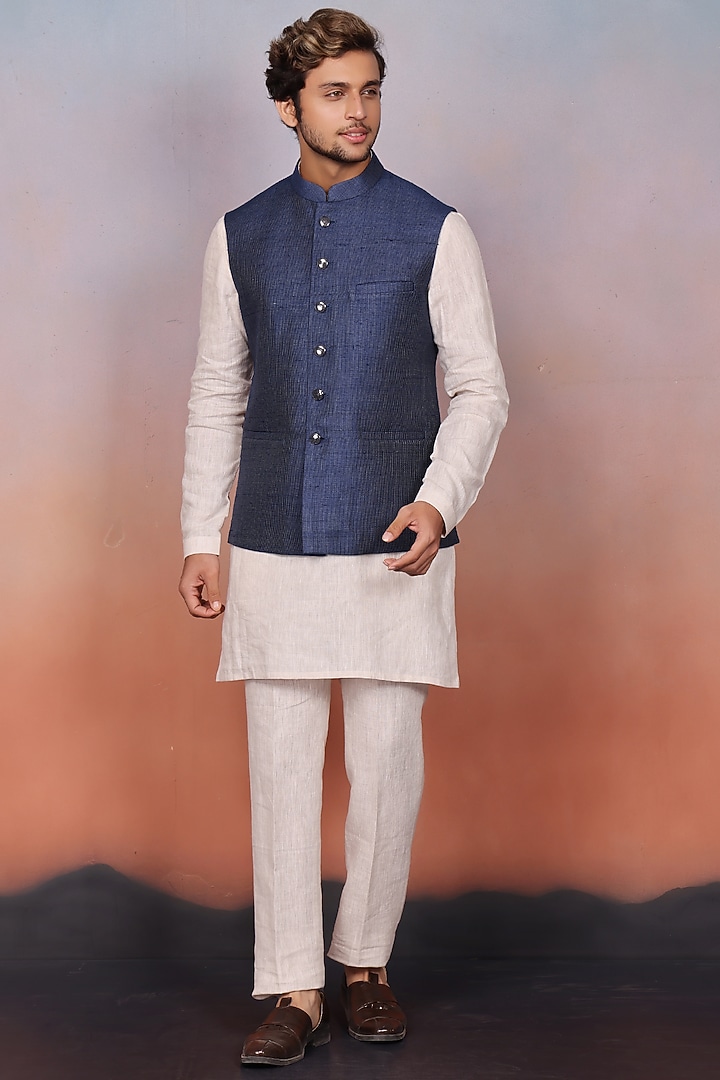 Blue Silk Bundi Jacket Set by RE CHANNEL at Pernia's Pop Up Shop