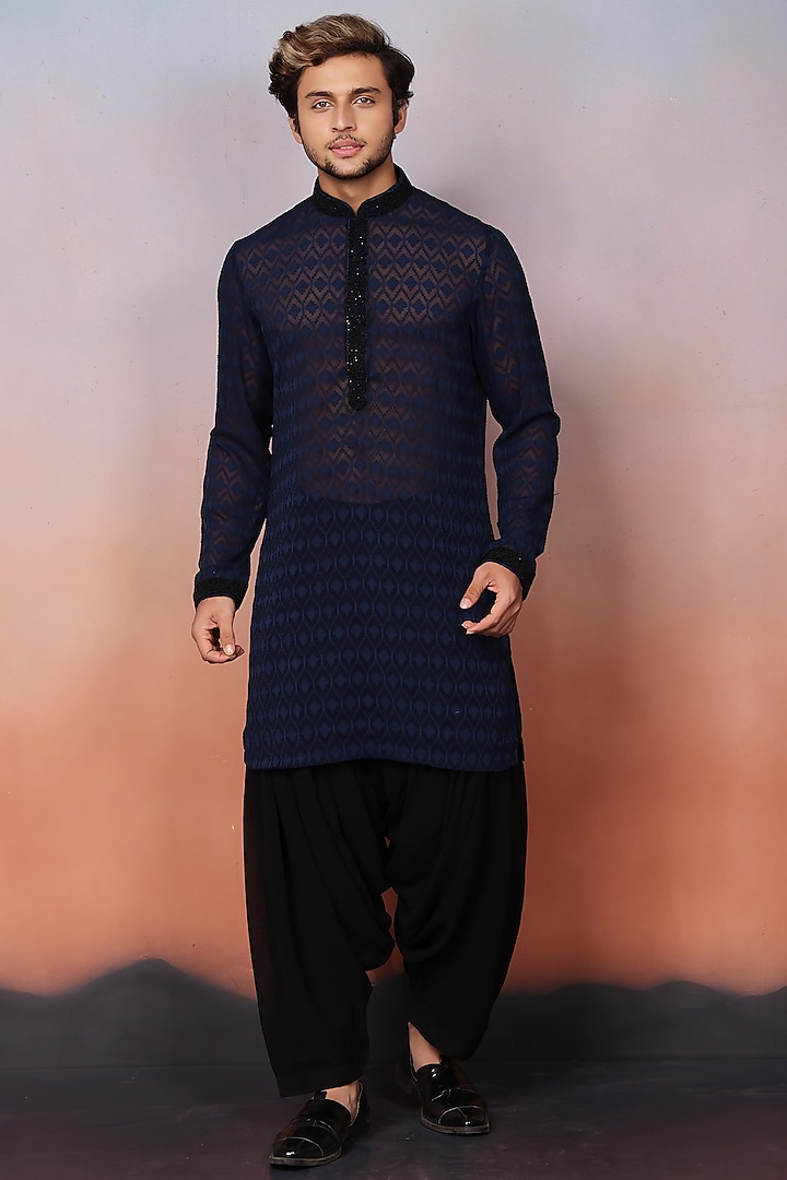 Blue Chiffon Bead Embroidered Kurta Set by RE CHANNEL at Pernia's Pop Up Shop