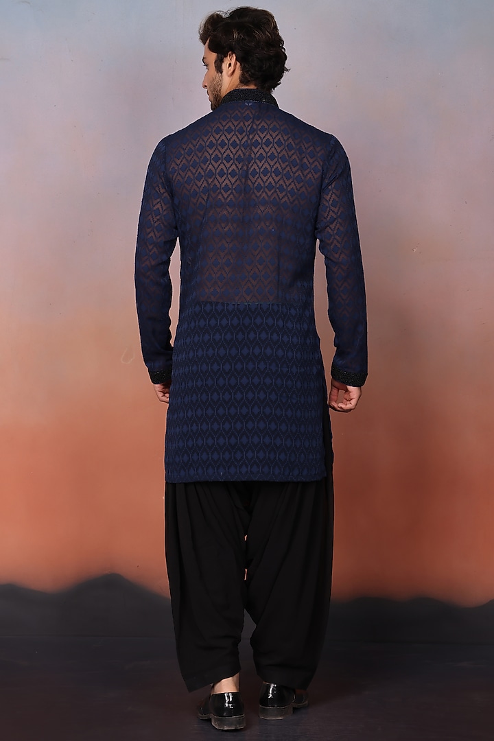 Blue Chiffon Bead Embroidered Kurta Set by RE CHANNEL at Pernia's Pop Up Shop