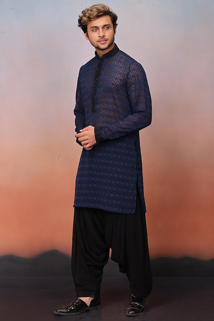Blue Chiffon Bead Embroidered Kurta Set by RE CHANNEL at Pernia's Pop Up Shop