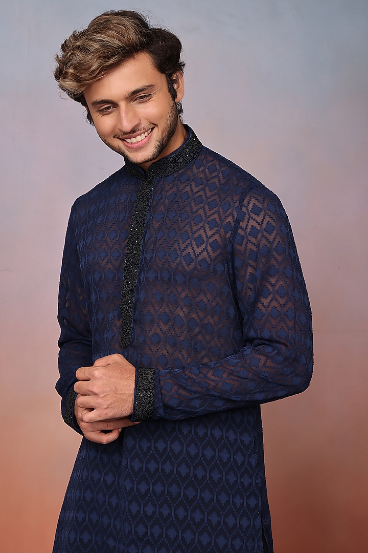 Blue Chiffon Bead Embroidered Kurta Set by RE CHANNEL at Pernia's Pop Up Shop