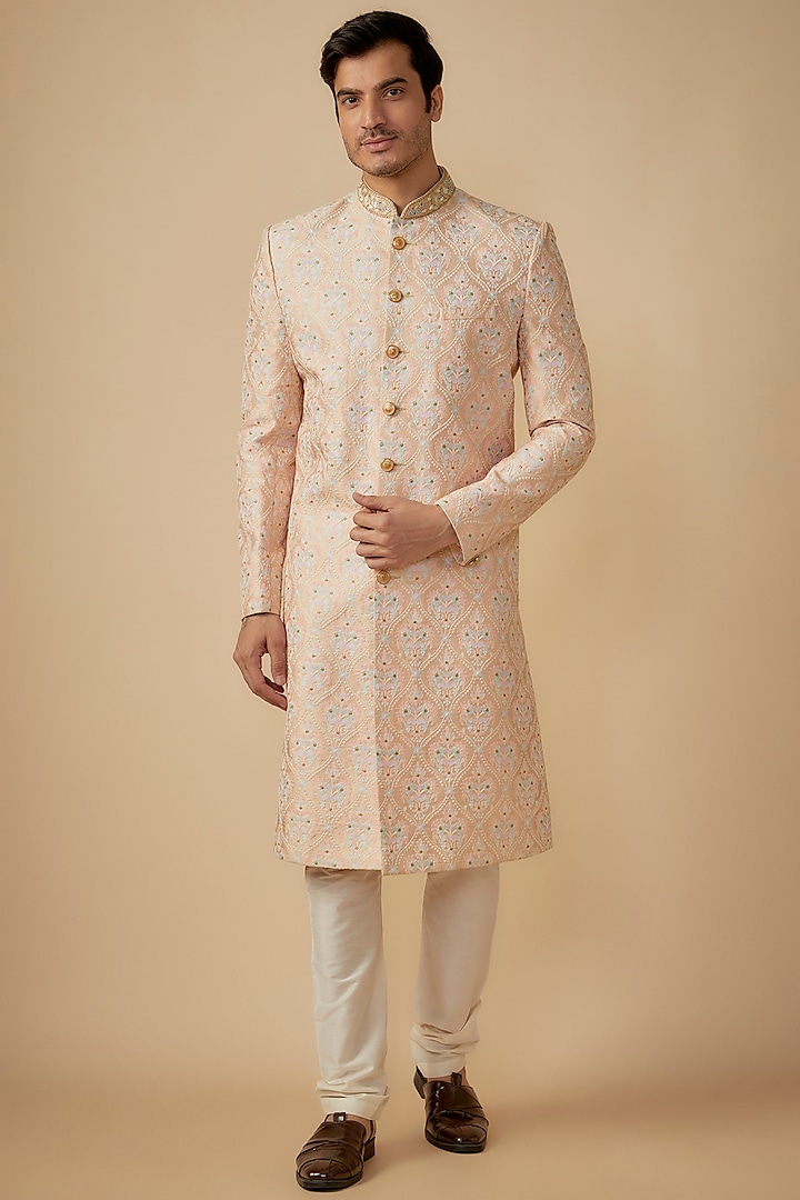 Peach Silk Hand Embroidered Sherwani Set by RE CHANNEL