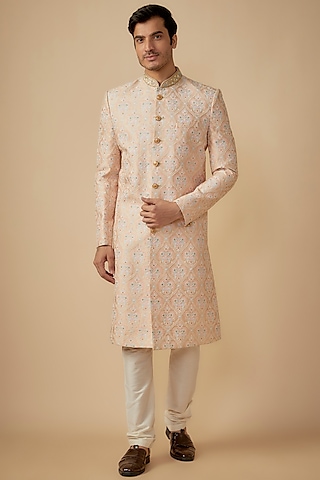 Peach Thread Embroidered Cotton Silk Sherwani Set