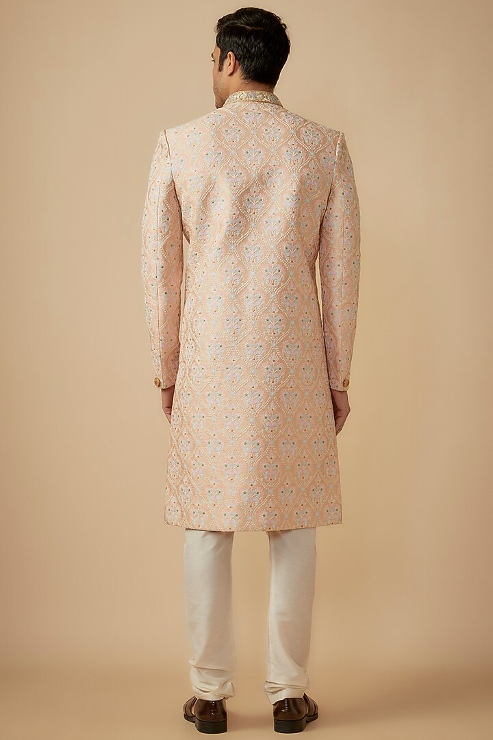 Stylish Heavy Embroidered Peach Sherwani set - Rent