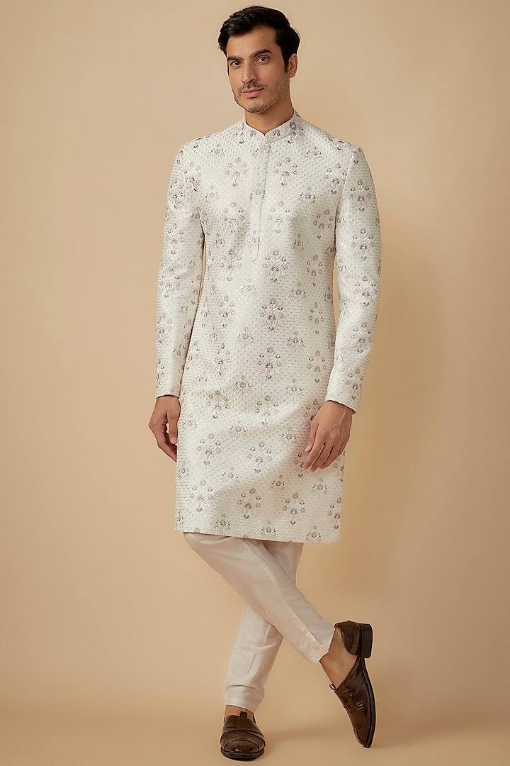 Cream Silk Hand Embroidered Sherwani Set by RE CHANNEL at Pernia's Pop Up Shop