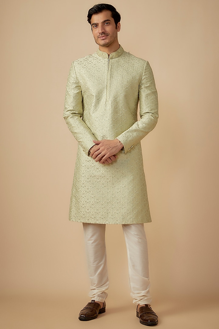 Pista Green Silk Hand Embroidered Sherwani Set by RE CHANNEL at Pernia's Pop Up Shop