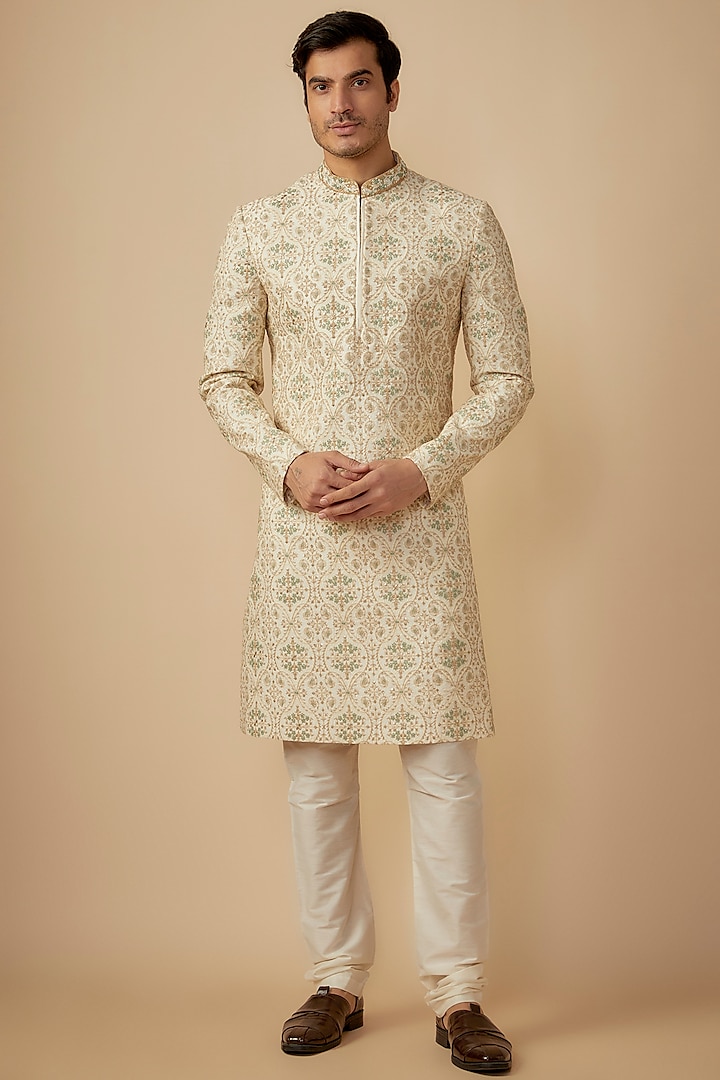 Cream Silk Hand Embroidered Wedding Sherwani Set by RE CHANNEL at Pernia's Pop Up Shop