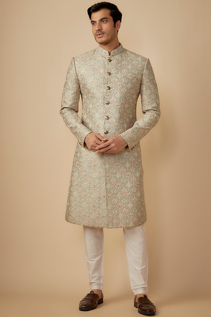 Grey Silk Hand Embroidered Wedding Sherwani Set by RE CHANNEL at Pernia's Pop Up Shop