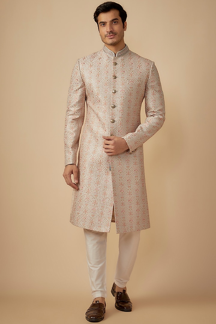 Grey Silk Hand Embroidered Wedding Sherwani Set by RE CHANNEL at Pernia's Pop Up Shop