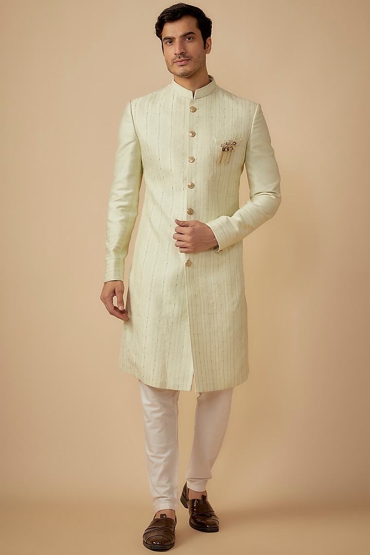 Green Silk Thread Work Sherwani Set by RE CHANNEL