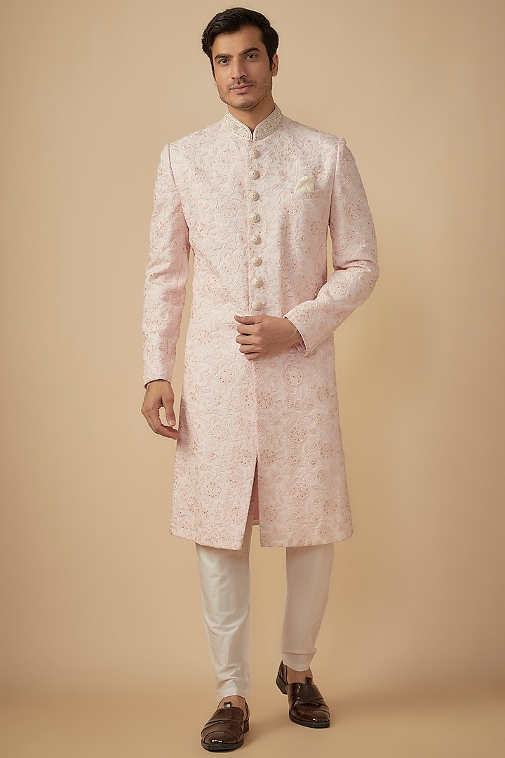 Powder Pink Lucknowi Net Resham Embroidered Sherwani Set by RE CHANNEL