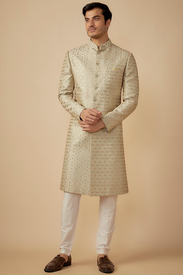 Pista Green Silk Resham Embroidered Wedding Sherwani Set by RE CHANNEL at Pernia's Pop Up Shop