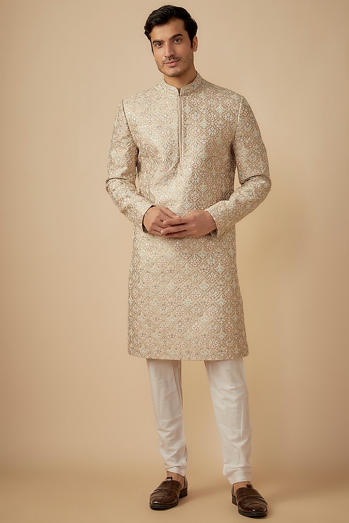 Earthy Brown Silk Hand Embroidered Wedding Sherwani Set by RE CHANNEL at Pernia's Pop Up Shop